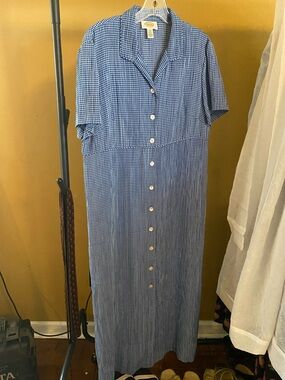 Talbots Blue Gingham Button-Front Maxi Dress with Short Sleeves